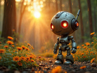 Poster - cute robot exploring a rainy sunset forest,  . Generative AI