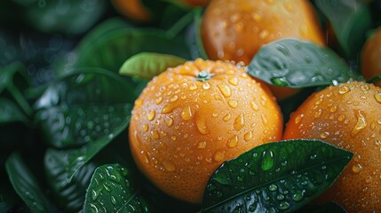 Wall Mural - Close-up of ripe oranges with water drops on a tree branch.