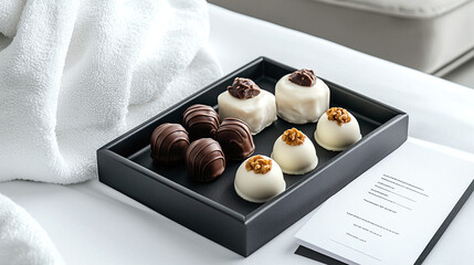 a luxurious hotel bed corner, featuring a tray with gourmet chocolates and a personal welcome note