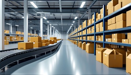 Wall Mural - Automated Ecommerce Fulfillment Center Featuring Conveyor Belt and Cardboard Boxes in Modern Warehouse Environment