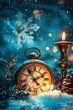 © YURIMA - Step into the enchanting ambiance of a vintage winter clock surrounded by flickering candlelight in a snowy setting, evoking a sense of nostalgia, warmth, and tranquility filled with memories