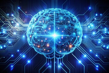 Aufkleber - Futuristic visual representation of circuitry and wires forming a digital brain, surrounded by glowing blue lines and