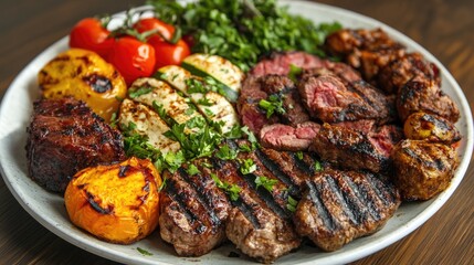 Wall Mural - A plate of assorted grilled meats and vegetables, leaving space for text on the side.