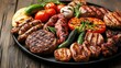 © Pricha.RT - A plate of assorted grilled meats and vegetables, leaving space for text on the side.