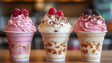 Wall Mural - Three ice cream cups with different flavors and toppings, including raspberry, chocolate, and vanilla.