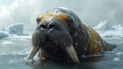 Wall Mural - a walrus with large tusks looks directly at the camera from the icy arctic waters.