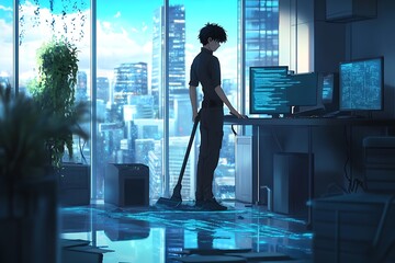 Wall Mural - Man Using a Computer in a Modern Office with a City View