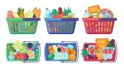 Sticker - Cartoon Color Grocery Baskets Filled with A Diverse Selection Set Fresh Organic Product Concept Flat Design Style. Vector illustration