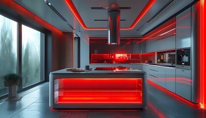 Wall Mural - Sleek futuristic kitchen featuring a red glowing interface and high-tech digital display, blending modern design with advanced technology