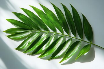 Poster - macro shot of vibrant green palm leaf high contrast shadows minimalist composition crisp details negative space zeninspired botanical art on pure white background