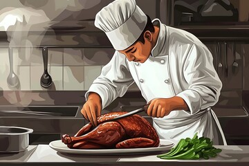 Chef Carving a Roasted Turkey in a Professional Kitchen.