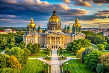 Grandeur of Iowa's capital shines in majestic golden dome and columned facade of impressive government building