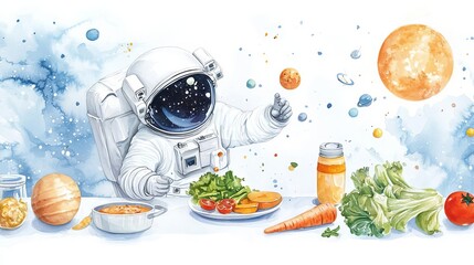 An astronaut enjoys a healthy meal in space surrounded by planets and colorful cosmic elements, blending nutrition with exploration.