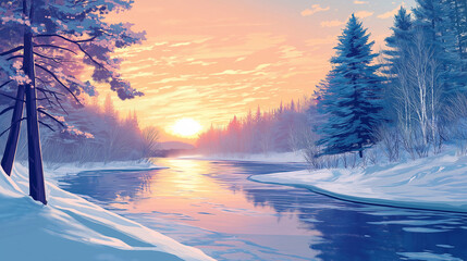 Wall Mural - Colorful winter river at sunrise with snowy banks and pine trees, tranquil and vivid landscape