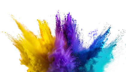 Yellow, purple, blue and teal explosion smoke of holi paint color powder isolated on transparent or white background