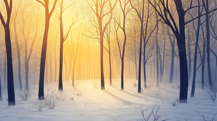 Wall Mural - Sunlight filtering through a snowy forest trees in winter