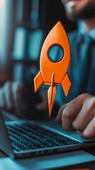 Poster - businessman is starting a new startup with a rocket symbol blasting off from his laptop