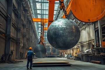 A worker in a factory prepares to receive a heavy steel sphere being lifted by a crane.