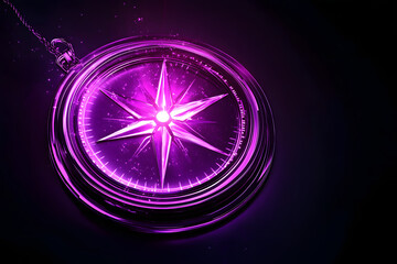 Wall Mural - Vibrant purple neon compass icon with light trails isotated on black background.