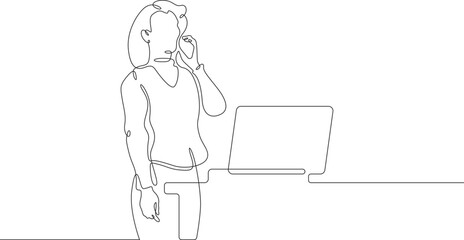 Poster - Continuous one line drawing businesswoman talking on the phone. Woman working with laptop. Working on computer. Negotiations. One continuous line isolated minimal illustration.