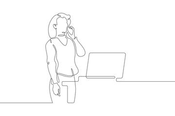 Poster - Continuous one line drawing businesswoman talking on the phone. Woman working with laptop. Working on computer. Negotiations. One continuous line isolated minimal illustration.