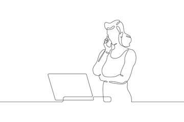 Wall Mural - Continuous one line drawing businesswoman talking on the phone. Woman working with laptop. Working on computer. Negotiations. One continuous line isolated minimal illustration.