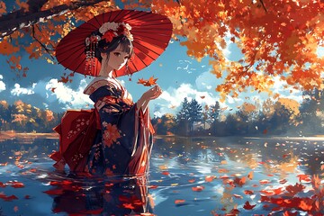 Canvas Print - Woman in Kimono with Red Umbrella Standing in a Lake with Autumn Leaves.