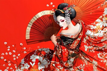 Canvas Print - Geisha in Traditional Red Kimono with Hand Fan.