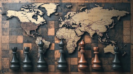 A world map with chess pieces, symbolizing global strategy and competition between companies on a grand chessboard.