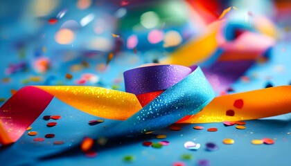 Vibrant streamers and confetti on a cheerful blue backdrop for festive birthday celebrations and joyful occasions