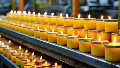 Yellow candles meticulously arranged on a production line ready for distribution