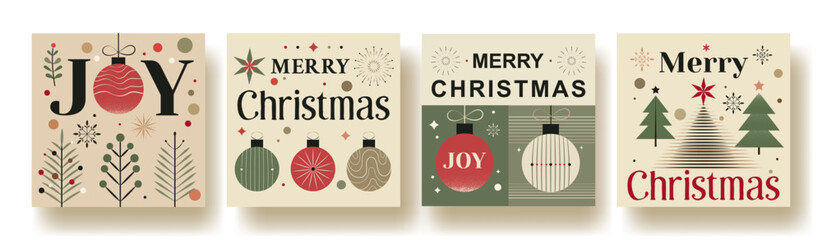 Set of 4 square greeting cards for merry christmas. Vintage Retro Christmas Greeting Cards Set. Minimalist Holiday Vector Illustrations with Ornaments, Trees, and Typography