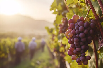 Sticker - Close-Up of Ripe Grapes in Vineyard at Sunrise  