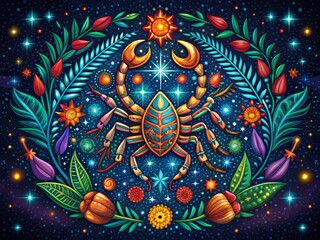 Intricate design surrounds a scorpion with celestial symbols, stars, and foliage, embodying strength, intuition, and a