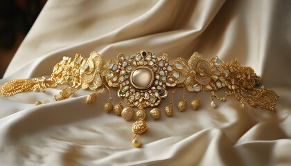 Opulent display of golden jewelry and elegant accessories on a lavish surface