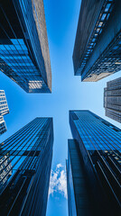 Fototapete - Glass skyscrapers are reaching a deep blue sky with few clouds in a low angle view