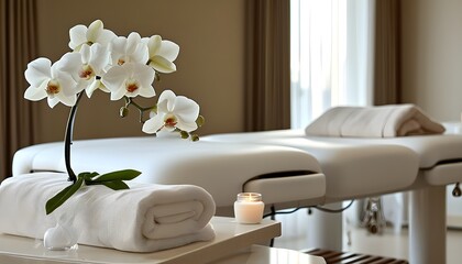 Wall Mural - Tranquil modern spa treatment room featuring an adjustable massage table and a delicate white orchid on a side table