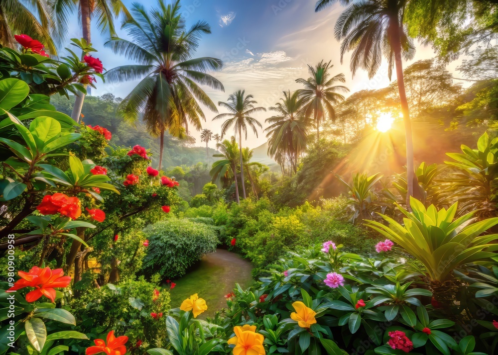 Lush tropical foliage surrounds a vibrant garden, featuring Gulupa ...