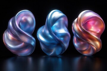 Poster - mesmerizing set of holographic liquid metal shapes iridescent and fluid floating against dark background futuristic and abstract