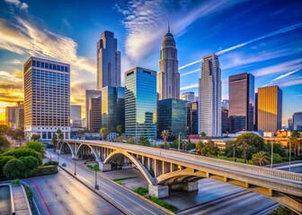 Iconic Los Angeles landmark bridge connecting downtown city streets, surrounded by modern skyscrapers and urban