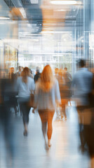 Poster - Busy professionals in suits and dresses rush through a modern office corridor, exuding energy and teamwork in a sleek urban setting