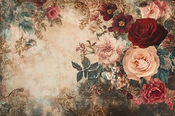 Canvas Print - Vintage-inspired floral collage with lush roses and ornate details for artistic design.