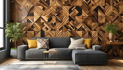 Wall Mural - Intricate Geometric Wooden Wall Art Showcasing Unique Patterns and Natural Textures