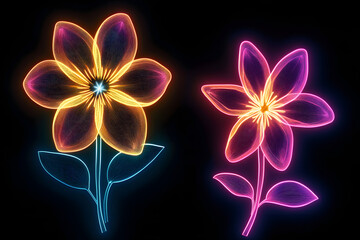 Wall Mural - Neon flower icon outlines isotated on black background.