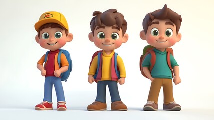 Three cartoon boys with backpacks in colorful outfits, smiling and posing together.