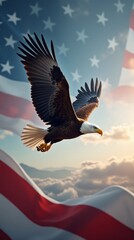 U.S presidential election vertical banner with copy space, American Eagle with Wings Spread in front of American flag, for elections or any American event.