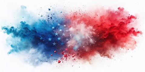 Vibrant red, white, and blue dust explosion background splash with abstract American flag colors smoke and dust on a clean white background.