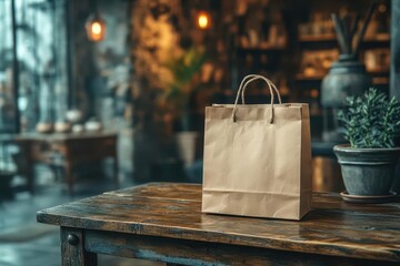 minimalist ecofriendly shopping scene with textured kraft paper bag on rustic wooden table soft ambient lighting earthy tones and blurred boutique background emphasizing sustainability