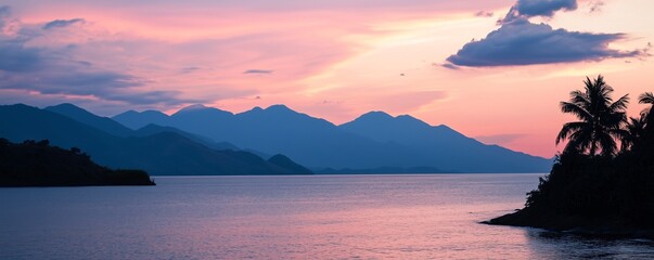 A tranquil sunset over Lake Maracaibo, Venezuela, with the distant silhouette of the Andes mountains