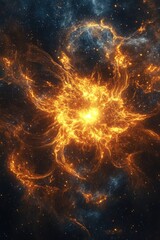 Wall Mural - Abstract digital artwork depicting a cosmic theme featuring a supernova explosion with plasma filaments against a backdrop of stars showcasing fractal graphic technologies